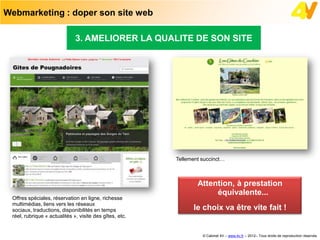 Webmarketing : doper son site web

                              3. AMELIORER LA QUALITE DE SON SITE




                                                         Tellement succinct…



                                                                 Attention, à prestation
                                                                      équivalente...
 Offres spéciales, réservation en ligne, richesse
 multimédias, liens vers les réseaux
 sociaux, traductions, disponibilités en temps                 le choix va être vite fait !
 réel, rubrique « actualités », visite des gîtes, etc.


                                                                   © Cabinet 4V – www.4v.fr – 2012– Tous droits de reproduction réservés
 