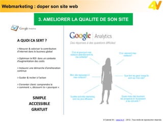 Webmarketing : doper son site web

               3. AMELIORER LA QUALITE DE SON SITE




                                        © Cabinet 4V – www.4v.fr – 2012– Tous droits de reproduction réservés
 