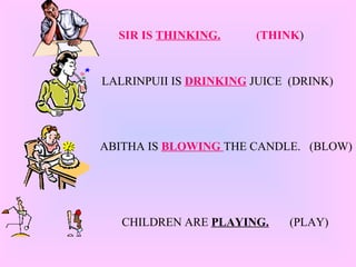 SIR IS THINKING. (THINK)
LALRINPUII IS DRINKING JUICE (DRINK)
ABITHA IS BLOWING THE CANDLE. (BLOW)
CHILDREN ARE PLAYING. (PLAY)
 