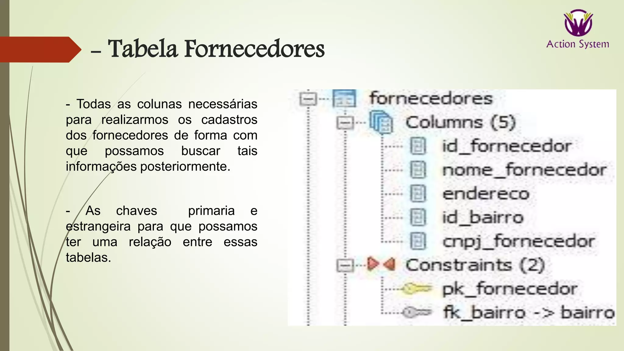 - Tabela Fornecedores
- Todas as colunas necessárias
para realizarmos os cadastros
dos fornecedores de forma com
que possamos buscar tais
informações posteriormente.
- As chaves primaria e
estrangeira para que possamos
ter uma relação entre essas
tabelas.
 