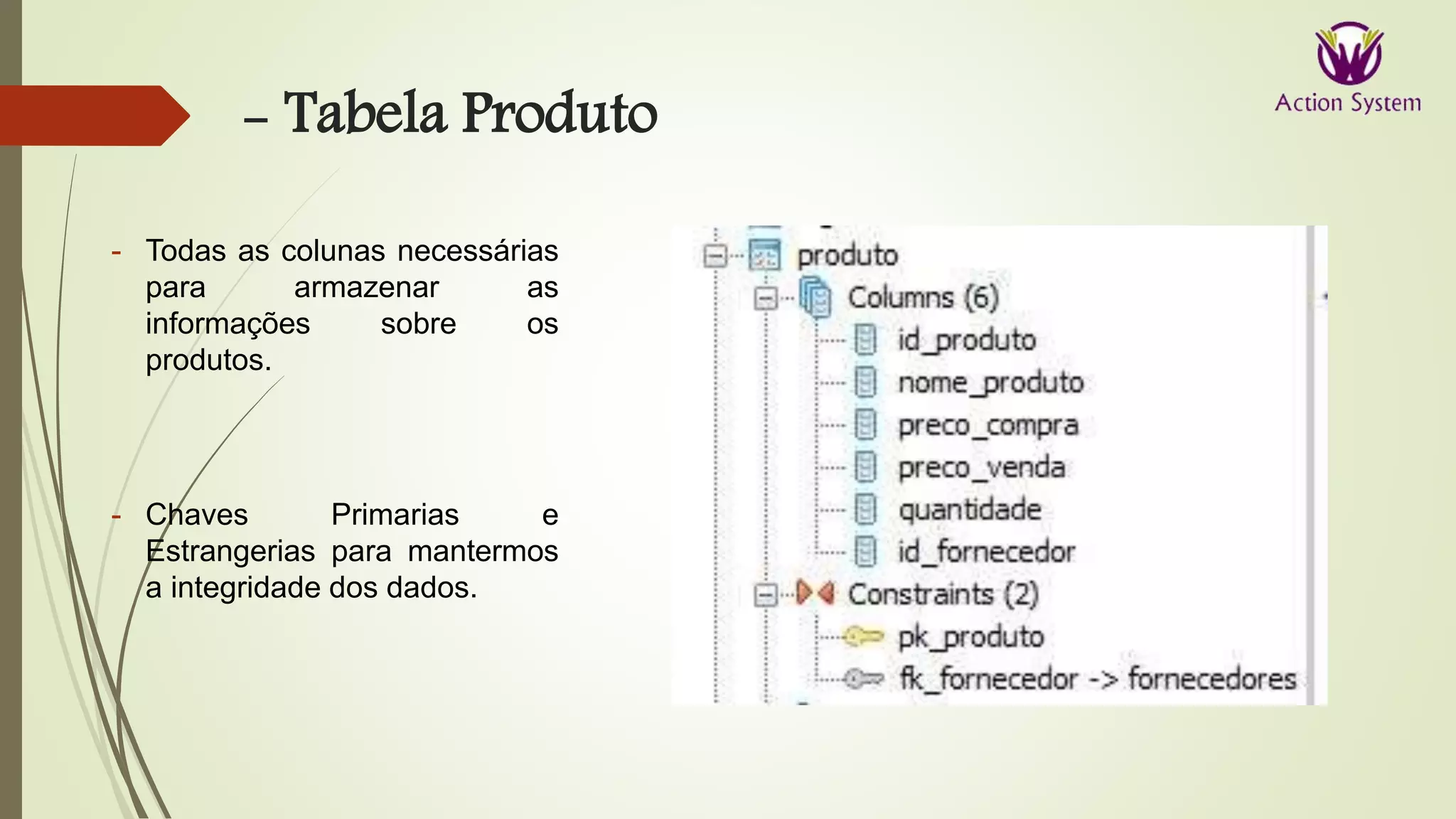 - Tabela Produto
- Todas as colunas necessárias
para armazenar as
informações sobre os
produtos.
- Chaves Primarias e
Estrangerias para mantermos
a integridade dos dados.
 