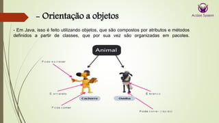 - Orientação a objetos
- Em Java, isso é feito utilizando objetos, que são compostos por atributos e métodos
definidos a partir de classes, que por sua vez são organizadas em pacotes.
 