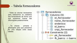 - Tabela Fornecedores
- Todas as colunas necessárias
para realizarmos os cadastros
dos fornecedores de forma com
que possamos buscar tais
informações posteriormente.
- As chaves primaria e
estrangeira para que possamos
ter uma relação entre essas
tabelas.
 