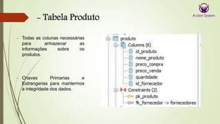 - Tabela Produto
- Todas as colunas necessárias
para armazenar as
informações sobre os
produtos.
- Chaves Primarias e
Estrangerias para mantermos
a integridade dos dados.
 