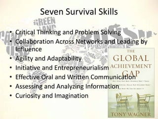Seven Survival Skills
• Critical Thinking and Problem Solving
• Collaboration Across Networks and Leading by
Influence
• Agility and Adaptability
• Initiative and Entrepreneurialism
• Effective Oral and Written Communication
• Assessing and Analyzing Information
• Curiosity and Imagination

 