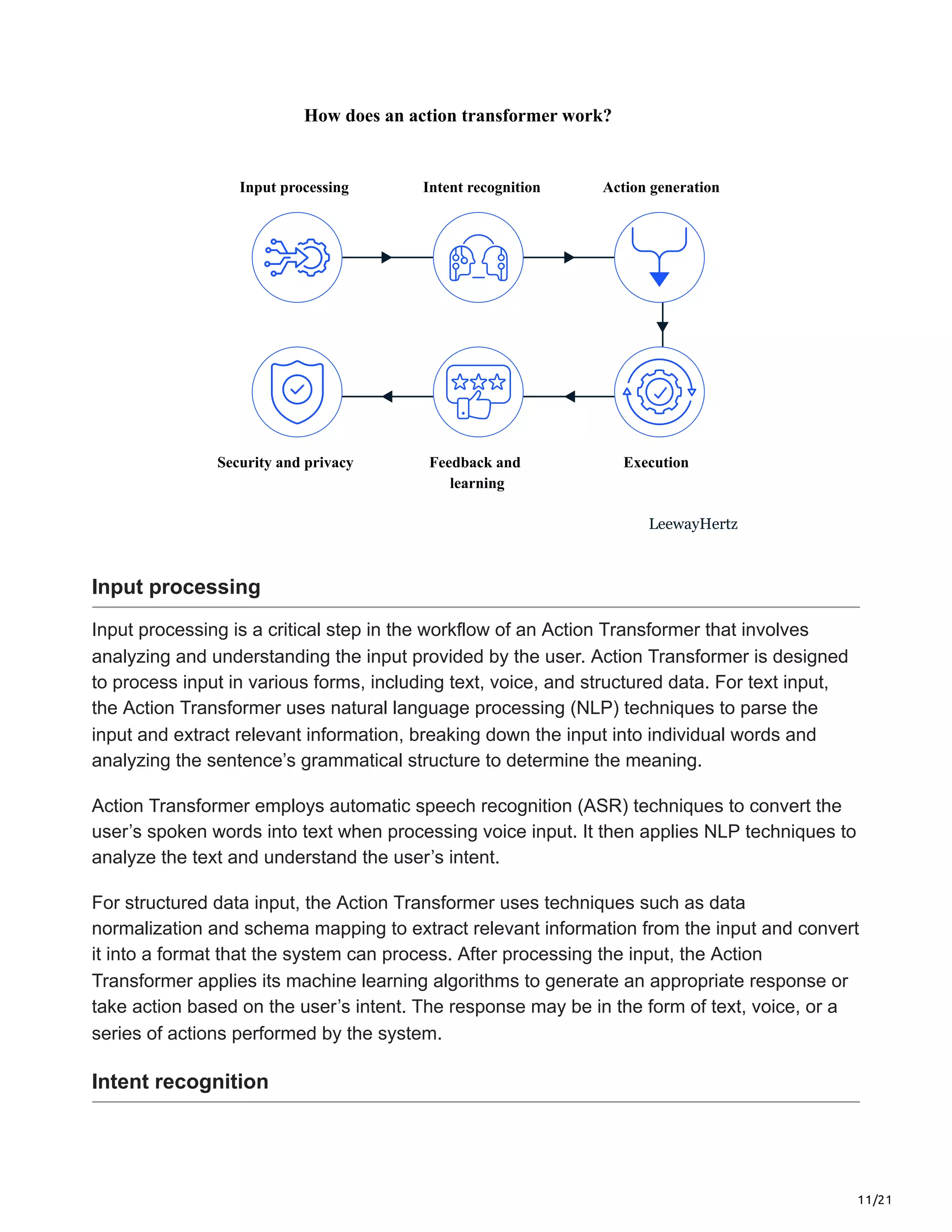 11/21
How does an action transformer work?
LeewayHertz
Input processing Intent recognition Action generation
Execution
Feedback and
learning
Security and privacy
Input processing
Input processing is a critical step in the workflow of an Action Transformer that involves
analyzing and understanding the input provided by the user. Action Transformer is designed
to process input in various forms, including text, voice, and structured data. For text input,
the Action Transformer uses natural language processing (NLP) techniques to parse the
input and extract relevant information, breaking down the input into individual words and
analyzing the sentence’s grammatical structure to determine the meaning.
Action Transformer employs automatic speech recognition (ASR) techniques to convert the
user’s spoken words into text when processing voice input. It then applies NLP techniques to
analyze the text and understand the user’s intent.
For structured data input, the Action Transformer uses techniques such as data
normalization and schema mapping to extract relevant information from the input and convert
it into a format that the system can process. After processing the input, the Action
Transformer applies its machine learning algorithms to generate an appropriate response or
take action based on the user’s intent. The response may be in the form of text, voice, or a
series of actions performed by the system.
Intent recognition
 