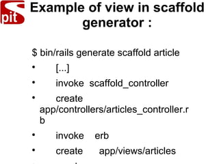 Example of view in scaffold
generator :
$ bin/rails generate scaffold article

[...]

invoke scaffold_controller

create
app/controllers/articles_controller.r
b

invoke erb

create app/views/articles
 
