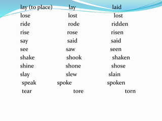 lay (to place) lay laid
lose lost lost
ride rode ridden
rise rose risen
say said said
see saw seen
shake shook shaken
shine shone shose
slay slew slain
speak spoke spoken
tear tore torn
 