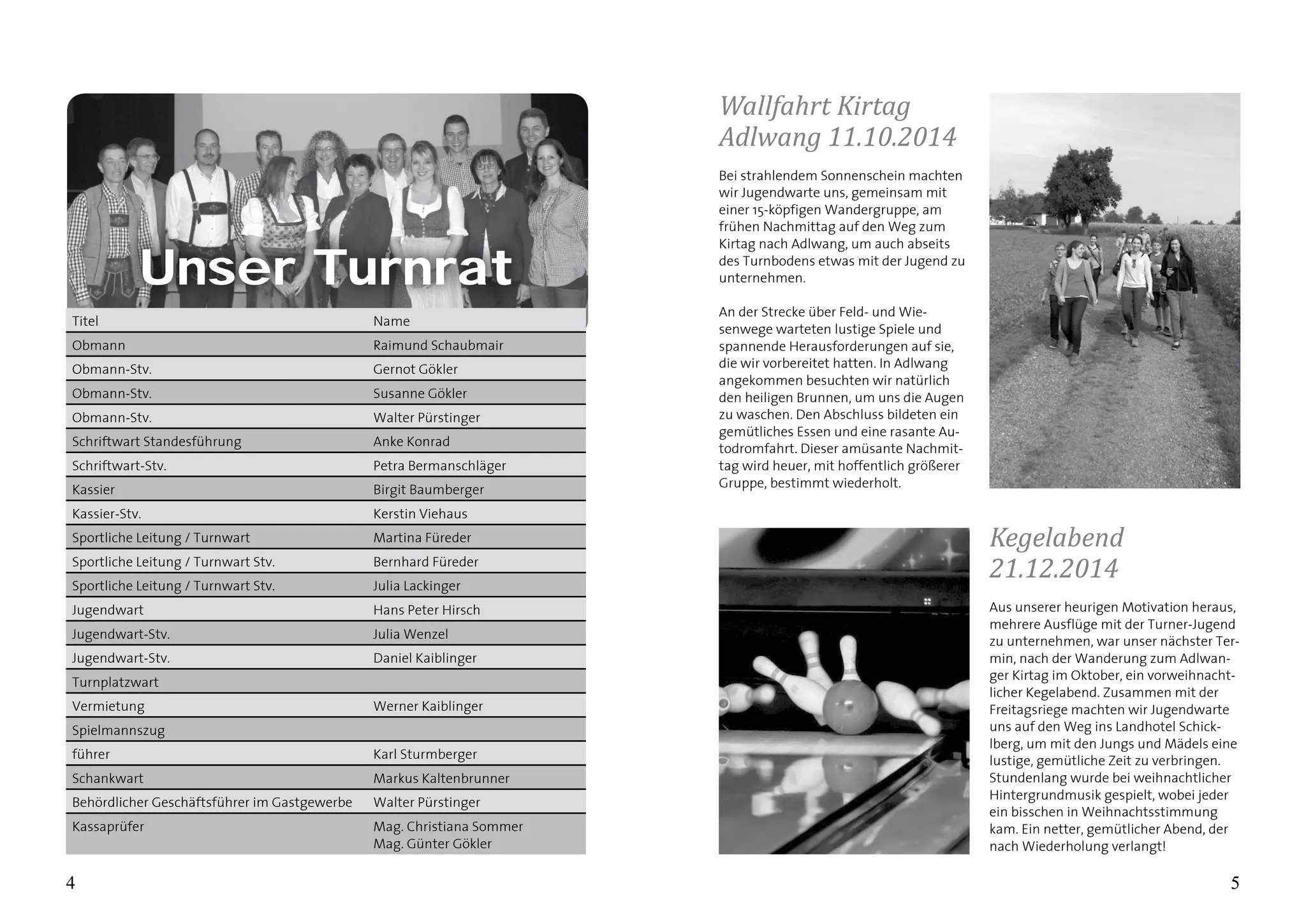 4 55
Wallfahrt Kirtag
Adlwang 11.10.2014
Bei strahlendem Sonnenschein machten
wir Jugendwarte uns, gemeinsam mit
einer 15-köpfigen Wandergruppe, am
frühen Nachmittag auf den Weg zum
Kirtag nach Adlwang, um auch abseits
des Turnbodens etwas mit der Jugend zu
unternehmen.
An der Strecke über Feld- und Wie-
senwege warteten lustige Spiele und
spannende Herausforderungen auf sie,
die wir vorbereitet hatten. In Adlwang
angekommen besuchten wir natürlich
den heiligen Brunnen, um uns die Augen
zu waschen. Den Abschluss bildeten ein
gemütliches Essen und eine rasante Au-
todromfahrt. Dieser amüsante Nachmit-
tag wird heuer, mit hoffentlich größerer
Gruppe, bestimmt wiederholt.
Titel Name
Obmann Raimund Schaubmair
Obmann-Stv. Gernot Gökler
Obmann-Stv. Susanne Gökler
Obmann-Stv. Walter Pürstinger
Schriftwart Standesführung Anke Konrad
Schriftwart-Stv. Petra Bermanschläger
Kassier Birgit Baumberger
Kassier-Stv. Kerstin Viehaus
Sportliche Leitung / Turnwart Martina Füreder
Sportliche Leitung / Turnwart Stv. Bernhard Füreder
Sportliche Leitung / Turnwart Stv. Julia Lackinger
Jugendwart Hans Peter Hirsch
Jugendwart-Stv. Julia Wenzel
Jugendwart-Stv. Daniel Kaiblinger
Turnplatzwart
Vermietung Werner Kaiblinger
Spielmannszug
führer Karl Sturmberger
Schankwart Markus Kaltenbrunner
Behördlicher Geschäftsführer im Gastgewerbe Walter Pürstinger
Kassaprüfer	 Mag. Christiana Sommer
Mag. Günter Gökler
Unser Turnrat
Kegelabend
21.12.2014
Aus unserer heurigen Motivation heraus,
mehrere Ausflüge mit der Turner-Jugend
zu unternehmen, war unser nächster Ter-
min, nach der Wanderung zum Adlwan-
ger Kirtag im Oktober, ein vorweihnacht-
licher Kegelabend. Zusammen mit der
Freitagsriege machten wir Jugendwarte
uns auf den Weg ins Landhotel Schick-
lberg, um mit den Jungs und Mädels eine
lustige, gemütliche Zeit zu verbringen.
Stundenlang wurde bei weihnachtlicher
Hintergrundmusik gespielt, wobei jeder
ein bisschen in Weihnachtsstimmung
kam. Ein netter, gemütlicher Abend, der
nach Wiederholung verlangt!
 