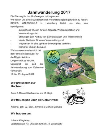 Wir gratulieren zur
Hochzeit:
Wir freuen uns über die Geburt von:
Wir trauern um:
Jahnwanderung 2017
 