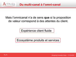 Shopping Innovation Expo – 17.03.2016
Du multi-canal à l’omni-canal
Pg 16
Mais l’omnicanal n’a de sens que si la proposition
de valeur correspond à des attentes du client.
Expérience client fluide
Ecosystème produits et services
 