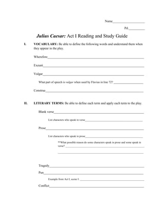 Name____________________<br />Pd.__________<br />Julius Caesar: Act I Reading and Study Guide<br />,[object Object]