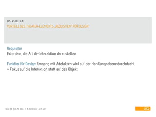 05. VORTEILE
 VORTEILE DES THEATER-ELEMENTS „REQUISITEN“ FÜR DESIGN




 Requisiten
 Erfordern, die Art der Interaktion darzustellen

 Funktion für Design: Umgang mit Artefakten wird auf der Handlungsebene durchdacht
 = Fokus auf die Interaktion statt auf das Objekt




Seite 30 | 21. Mai 2011 | IA Konferenz - Act it out!
 