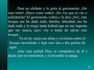 Pasa un elefante y le grita al gorrioncito: ¡No seas tonto! ¡Huye como todos! ¡No ves que te vas a achicharrar! El gorrioncito voltea y le dice ¡No!, este bosque me ha dado todo, familia, felicidad; me ha dado todo y le tengo tanta lealtad que no me importa que me muera, pero voy a tratar de salvar este bosque.    Ante esta actitud Dios se compadece de él y dejan caer un tormentón, y el incendio se apaga. Va al río, moja sus alitas y revolotea sobre el bosque incendiado y deja caer una o dos gotitas de agua. 