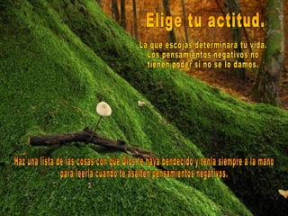 Elige tu actitud. Haz una lista de las cosas con que Dios te haya bendecido y tenla siempre a la mano  para leerla cuando te asalten pensamientos negativos.  La que escojas determinará tu vida. Los pensamientos negativos no tienen poder si no se lo damos. 