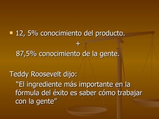 12, 5% conocimiento del producto. + 87,5% conocimiento de la gente. Teddy Roosevelt dijo: “ El ingrediente más importante en la fórmula del éxito es saber cómo trabajar con la gente” 