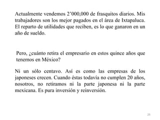 Actualmente vendemos 2’000,000 de frasquitos diarios. Mis
trabajadores son los mejor pagados en el área de Ixtapaluca.
El reparto de utilidades que reciben, es lo que ganaron en un
año de sueldo.


Pero, ¿cuánto retira el empresario en estos quince años que
tenemos en México?

Ni un sólo centavo. Así es como las empresas de los
japoneses crecen. Cuando éstas todavía no cumplen 20 años,
nosotros, no retiramos ni la parte japonesa ni la parte
mexicana. Es pura inversión y reinversión.



                                                                25
 