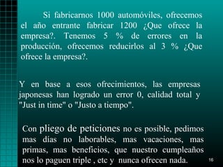 Si fabricarnos 1000 automóviles, ofrecemos
el año entrante fabricar 1200 ¿Que ofrece la
empresa?. Tenemos 5 % de errores en la
producción, ofrecemos reducirlos al 3 % ¿Que
ofrece la empresa?.


Y en base a esos ofrecimientos, las empresas
japonesas han logrado un error 0, calidad total y
"Just in time" o "Justo a tiempo".

Con pliego de peticiones no es posible, pedimos
mas días no laborables, mas vacaciones, mas
primas, mas beneficios, que nuestro cumpleaños
nos lo paguen triple , etc y nunca ofrecen nada.    16
 