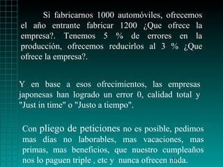 Si fabricarnos 1000 automóviles, ofrecemos
el año entrante fabricar 1200 ¿Que ofrece la
empresa?. Tenemos 5 % de errores en la
producción, ofrecemos reducirlos al 3 % ¿Que
ofrece la empresa?.


Y en base a esos ofrecimientos, las empresas
japonesas han logrado un error 0, calidad total y
"Just in time" o "Justo a tiempo".

Con pliego de peticiones no es posible, pedimos
mas días no laborables, mas vacaciones, mas
primas, mas beneficios, que nuestro cumpleaños
nos lo paguen triple , etc y nunca ofrecen nada.
                                           16
 