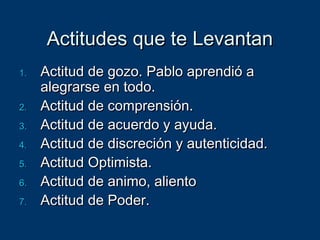 Actitudes que te LevantanActitudes que te Levantan
1.1. Actitud de gozo. Pablo aprendió aActitud de gozo. Pablo aprendió a
alegrarse en todo.alegrarse en todo.
2.2. Actitud de comprensión.Actitud de comprensión.
3.3. Actitud de acuerdo y ayuda.Actitud de acuerdo y ayuda.
4.4. Actitud de discreción y autenticidad.Actitud de discreción y autenticidad.
5.5. Actitud Optimista.Actitud Optimista.
6.6. Actitud de animo, alientoActitud de animo, aliento
7.7. Actitud de Poder.Actitud de Poder.
 