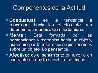 Componentes de la ActitudComponentes de la Actitud
 Conductual:Conductual: es la tendencia aes la tendencia a
reaccionar hacia los objetos de unareaccionar hacia los objetos de una
determinada manera. Comportamientodeterminada manera. Comportamiento
 MentalMental: Está formada por las: Está formada por las
percepciones y creencias hacia un objeto,percepciones y creencias hacia un objeto,
así como por la información que tenemosasí como por la información que tenemos
sobre un objeto. Lo pensamossobre un objeto. Lo pensamos
 Afectivo:Afectivo: es el sentimiento en favor o enes el sentimiento en favor o en
contra de un objeto social. Lo sentimos.contra de un objeto social. Lo sentimos.
 