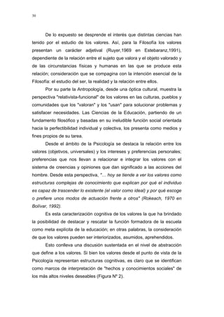 30
De lo expuesto se desprende el interés que distintas ciencias han
tenido por el estudio de los valores. Así, para la Filosofía los valores
presentan un carácter adjetival (Ruyer,1969 en Estebaranz,1991),
dependiente de la relación entre el sujeto que valora y el objeto valorado y
de las circunstancias físicas y humanas en las que se produce esta
relación; consideración que se compagina con la intención esencial de la
Filosofía: el estudio del ser, la realidad y la relación entre ellos.
Por su parte la Antropología, desde una óptica cultural, muestra la
perspectiva "relativista-funcional" de los valores en las culturas, pueblos y
comunidades que los "valoran" y los "usan" para solucionar problemas y
satisfacer necesidades. Las Ciencias de la Educación, partiendo de un
fundamento filosófico y basadas en su ineludible función social orientada
hacia la perfectibilidad individual y colectiva, los presenta como medios y
fines propios de su tarea.
Desde el ámbito de la Psicología se destaca la relación entre los
valores (objetivos, universales) y los intereses y preferencias personales;
preferencias que nos llevan a relacionar e integrar los valores con el
sistema de creencias y opiniones que dan significado a las acciones del
hombre. Desde esta perspectiva, "… hoy se tiende a ver los valores como
estructuras complejas de conocimiento que explican por qué el individuo
es capaz de trascender lo existente (el valor como ideal) y por qué escoge
o prefiere unos modos de actuación frente a otros" (Rokeach, 1970 en
Bolívar, 1992).
Es esta caracterización cognitiva de los valores la que ha brindado
la posibilidad de destacar y rescatar la función formadora de la escuela
como meta explícita de la educación; en otras palabras, la consideración
de que los valores pueden ser interiorizados, asumidos, aprehendidos.
Esto conlleva una discusión sustentada en el nivel de abstracción
que define a los valores. Si bien los valores desde el punto de vista de la
Psicología representan estructuras cognitivas, es claro que se identifican
como marcos de interpretación de "hechos y conocimientos sociales" de
los más altos niveles deseables (Figura Nº 2).
 