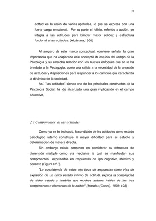 39
actitud es la unión de varias aptitudes, lo que se expresa con una
fuerte carga emocional. Por su parte el hábito, referido a acción, se
integra a las aptitudes para brindar mayor solidez y estructura
funcional a las actitudes. (Alcántara,1988)
Al amparo de este marco conceptual, conviene señalar la gran
importancia que ha acaparado este concepto de estudio del campo de la
Psicología y su estrecha relación con los nuevos enfoques que se le ha
brindado a la Pedagogía, como una salida a la necesidad de la creación
de actitudes y disposiciones para responder a los cambios que caracteriza
la dinámica de la sociedad.
Así, "las actitudes" siendo uno de los principales constructos de la
Psicología Social, ha ido alcanzado una gran implicación en el campo
educativo.
2.3 Componentes de las actitudes
Como ya se ha indicado, la condición de las actitudes como estado
psicológico interno constituye la mayor dificultad para su estudio y
determinación de manera directa.
Sin embargo existe consenso en considerar su estructura de
dimensión múltiple como vía mediante la cual se manifiestan sus
componentes expresados en respuestas de tipo cognitivo, afectivo y
conativo (Figura Nº 3).
"La coexistencia de estos tres tipos de respuestas como vías de
expresión de un único estado interno (la actitud), explica la complejidad
de dicho estado y también que muchos autores hablen de los tres
componentes o elementos de la actitud" (Morales (Coord), 1999; 195)
 