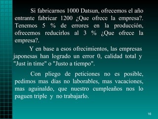 Si fabricarnos 1000   Datsun, ofrecemos el a ñ o   entrante fabricar 1200  ¿ Que ofrece la empresa?.   Tenemos 5 % de errores en la producción, ofrecemos   reducirlos al 3 %  ¿ Que   ofrece la empresa?. Con pliego de peticiones no es   posible ,  pedimos   mas días no laborables,   mas   vacaciones, mas aguinaldo, que  nuestro  cumpleaños  nos  lo   paguen   triple   y  no trabajarlo. Y en base   a esos   ofrecimientos, las empresas japonesas   han logrado un error 0, calidad total y "Just in   time" o "Justo a tiempo".   