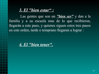 3. E l "bien   estar“  : 4. El  "bien   tener".   Las gentes que son un  "bien ser"  y dan a la   familia y a su escuela mas de   lo   que recibieron, llegar á n  a este paso,  y quienes siguen   estos tres pasos en este orden, tarde o temprano   llegaran a lograr  : 