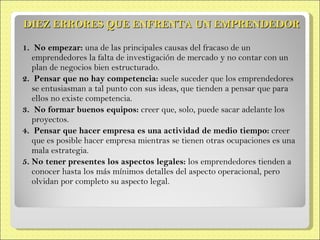 DIEZ ERRORES QUE ENFRENTA UN EMPRENDEDOR 1.  No empezar:  una de las principales causas del fracaso de un emprendedores la falta de investigación de mercado y no contar con un plan de negocios  bien estructurado. 2.  Pensar que no hay competencia:  suele suceder que los emprendedores se entusiasman a tal punto con sus ideas, que tienden a pensar que para  ellos no existe competencia. 3.  No formar buenos equipos:  creer que, solo, puede sacar adelante los  proyectos. 4.  Pensar que hacer empresa es una actividad de medio tiempo:  creer que es posible hacer empresa mientras se tienen otras ocupaciones es una  mala estrategia. 5. No tener presentes los aspectos legales:  los emprendedores tienden a conocer hasta los más mínimos detalles del aspecto operacional, pero olvidan por completo su aspecto legal. 