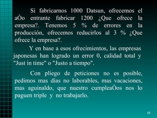 Si fabricarnos 1000   Datsun, ofrecemos el a ñ o   entrante fabricar 1200  ¿ Que ofrece la empresa?.   Tenemos 5 % de errores en la producción, ofrecemos   reducirlos al 3 %  ¿ Que   ofrece la empresa?. Con pliego de peticiones no es   posible ,  pedimos   mas días no laborables,   mas   vacaciones, mas aguinaldo, que  nuestro  cumpleaños  nos  lo   paguen   triple   y  no trabajarlo. Y en base   a esos   ofrecimientos, las empresas japonesas   han logrado un error 0, calidad total y "Just in   time" o "Justo a tiempo".   