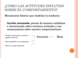 ¿CÓMO LAS ACTITUDES INFLUYEN SOBRE EL COMPORTAMIENTO? Mecanismos básicos que modelan la conducta: Acción razonada : pensar de manera cuidadosa e intencionada sobre nuestras actitudes y sus consecuencias sobre nuestro comportamiento. Intención  Meta Tendré consecuencias  positiva o negativa actuar así Seré reprobado o no socialmente. Seré o no capaz de hacerlo 
