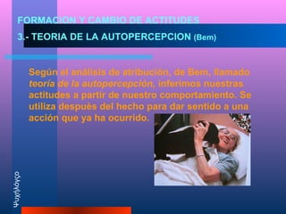 FORMACION Y CAMBIO DE ACTITUDES
     3.- TEORIA DE LA AUTOPERCEPCION (Bem)


            Según el análisis de atribución, de Bem, llamado
            teoría de la autopercepción, inferimos nuestras
            actitudes a partir de nuestro comportamiento. Se
            utiliza despuès del hecho para dar sentido a una
            acción que ya ha ocurrido.
Ψυχήλόγςο
 