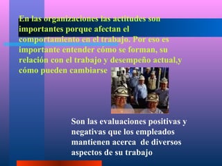 En las organizaciones las actitudes son
importantes porque afectan el
comportamiento en el trabajo. Por eso es
importante entender cómo se forman, su
relación con el trabajo y desempeño actual,y
cómo pueden cambiarse




              Son las evaluaciones positivas y
              negativas que los empleados
              mantienen acerca de diversos
              aspectos de su trabajo
 