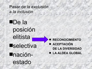 Pasar de  la exclusión a  la inclusión De la posición elitista selectiva nación-estado RECONOCIMIENTO ACEPTACIÓN DE LA DIVERSIDAD LA ALDEA GLOBAL 