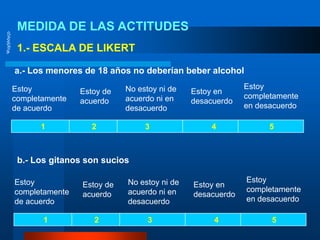 MEDIDA DE LAS ACTITUDESΨυχήλόγςο1.- ESCALA DE LIKERTa.- Los menores de 18 años no deberían beber alcoholEstoy completamente en desacuerdoEstoy completamente de acuerdoNo estoy ni de acuerdo ni en desacuerdoEstoy de acuerdoEstoy en desacuerdo1                     2                      3                            4                        5b.- Los gitanos son sucios Estoy completamente en desacuerdoEstoy completamente de acuerdoNo estoy ni de acuerdo ni en desacuerdoEstoy de acuerdoEstoy en desacuerdo1                     2                      3                            4                        5