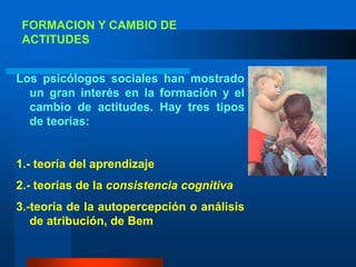 FORMACION Y CAMBIO DE ACTITUDESLos psicólogos sociales han mostrado un gran interés en la formación y el cambio de actitudes. Hay tres tipos de teorías:1.- teoría del aprendizaje 2.- teorías de la consistencia cognitiva3.-teoría de la autopercepción o análisis de atribución, de Bem