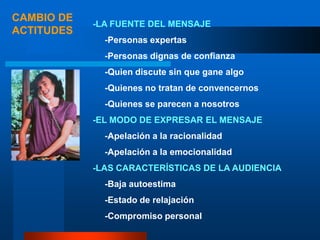 CAMBIO DE ACTITUDES-LA FUENTE DEL MENSAJE	-Personas expertas	-Personas dignas de confianza	-Quien discute sin que gane algo	-Quienes no tratan de convencernos	-Quienes se parecen a nosotros-EL MODO DE EXPRESAR EL MENSAJE	-Apelación a la racionalidad	-Apelación a la emocionalidad-LAS CARACTERÍSTICAS DE LA AUDIENCIA	-Baja autoestima	-Estado de relajación	-Compromiso personal