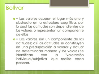 BolÍvar
 • Los valores ocupan el lugar más alto y
abstracto en la estructura cognitiva, por
lo cual las actitudes son dependientes de
los valores o representan un componente
de ellos
 • Los valores son un componente de las
actitudes; así las actitudes se constituyen
en una predisposición a valorar y actuar
de determinada manera y los valores se
identifican con la "valoración
individual/subjetiva" que realiza cada
persona.
 
