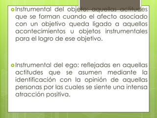 Instrumental del objeto: aquellas actitudes
que se forman cuando el afecto asociado
con un objetivo queda ligado a aquellos
acontecimientos u objetos instrumentales
para el logro de ese objetivo.
Instrumental del ego: reflejadas en aquellas
actitudes que se asumen mediante la
identificación con la opinión de aquellas
personas por las cuales se siente una intensa
atracción positiva.
 