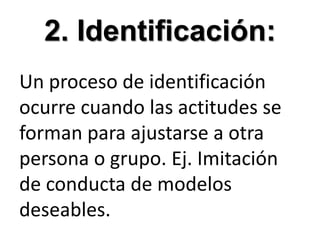2. Identificación: Un proceso de identificación ocurre cuando las actitudes se forman para ajustarse a otra persona o grupo. Ej. Imitación de conducta de modelos deseables.