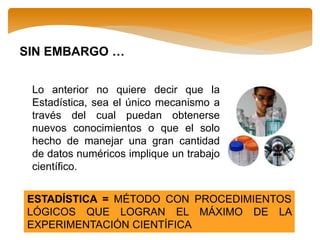 SIN EMBARGO …
Lo anterior no quiere decir que la
Estadística, sea el único mecanismo a
través del cual puedan obtenerse
nuevos conocimientos o que el solo
hecho de manejar una gran cantidad
de datos numéricos implique un trabajo
científico.
ESTADÍSTICA = MÉTODO CON PROCEDIMIENTOS
LÓGICOS QUE LOGRAN EL MÁXIMO DE LA
EXPERIMENTACIÓN CIENTÍFICA
 