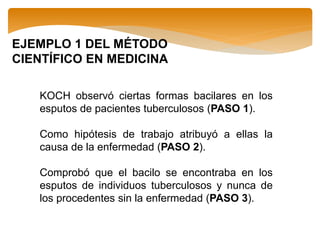 EJEMPLO 1 DEL MÉTODO
CIENTÍFICO EN MEDICINA
KOCH observó ciertas formas bacilares en los
esputos de pacientes tuberculosos (PASO 1).
Como hipótesis de trabajo atribuyó a ellas la
causa de la enfermedad (PASO 2).
Comprobó que el bacilo se encontraba en los
esputos de individuos tuberculosos y nunca de
los procedentes sin la enfermedad (PASO 3).
 