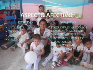 ASPECTO AFECTIVO
POSITIVO NEGATIVO
 DETALLISTA
 TIERNA
 AMIGABLE
 GENEROSA
 POCO EXPRESIVA CON LOS
DEMAS AL DEMOSTRAR
MIS SENTIMIENTO
 SENTIMENTAL CON LAS
COSAS QUE ME
DISGUSTAN O ME
ENTRISTECEN
 