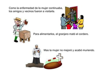 Como la enfermedad de la mujer continuaba,
los amigos y vecinos fueron a visitarla.




                   Para alimentarlos, el granjero mató el cordero.




                           Mas la mujer no mejoró y acabó muriendo.
 