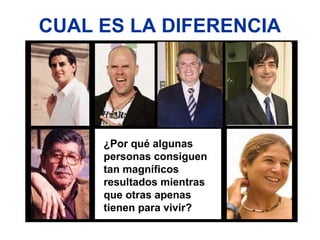 CUAL ES LA DIFERENCIA




     ¿Por qué algunas
     personas consiguen
     tan magníficos
     resultados mientras
     que otras apenas
     tienen para vivir?
 