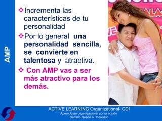 Incrementa las
       características de tu
       personalidad
      Por lo general una
       personalidad sencilla,
AMP




       se convierte en
       talentosa y atractiva.
       Con AMP vas a ser
       más atractivo para los
       demás.


              ACTIVE LEARNING Organizational- CDI
                   Aprendizaje organizacional por la acción
                         Cambio Desde el Individuo
 