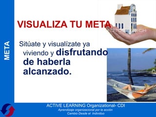VISUALIZA TU META
       Sitúate y visualízate ya
META




        viviendo y disfrutando
        de haberla
        alcanzado.


              ACTIVE LEARNING Organizational- CDI
                   Aprendizaje organizacional por la acción
                         Cambio Desde el Individuo
 