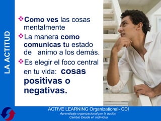 Como ves las cosas
              mentalmente
LA ACTITUD



             La manera como
              comunicas tu estado
              de animo a los demás.
             Es elegir el foco central
              en tu vida: cosas
              positivas o
              negativas.
                      ACTIVE LEARNING Organizational- CDI
                           Aprendizaje organizacional por la acción
                                 Cambio Desde el Individuo
 
