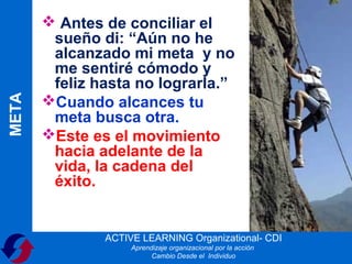  Antes de conciliar el
        sueño di: “Aún no he
        alcanzado mi meta y no
        me sentiré cómodo y
        feliz hasta no lograrla.”
META




       Cuando alcances tu
        meta busca otra.
       Este es el movimiento
        hacia adelante de la
        vida, la cadena del
        éxito.


               ACTIVE LEARNING Organizational- CDI
                    Aprendizaje organizacional por la acción
                          Cambio Desde el Individuo
 